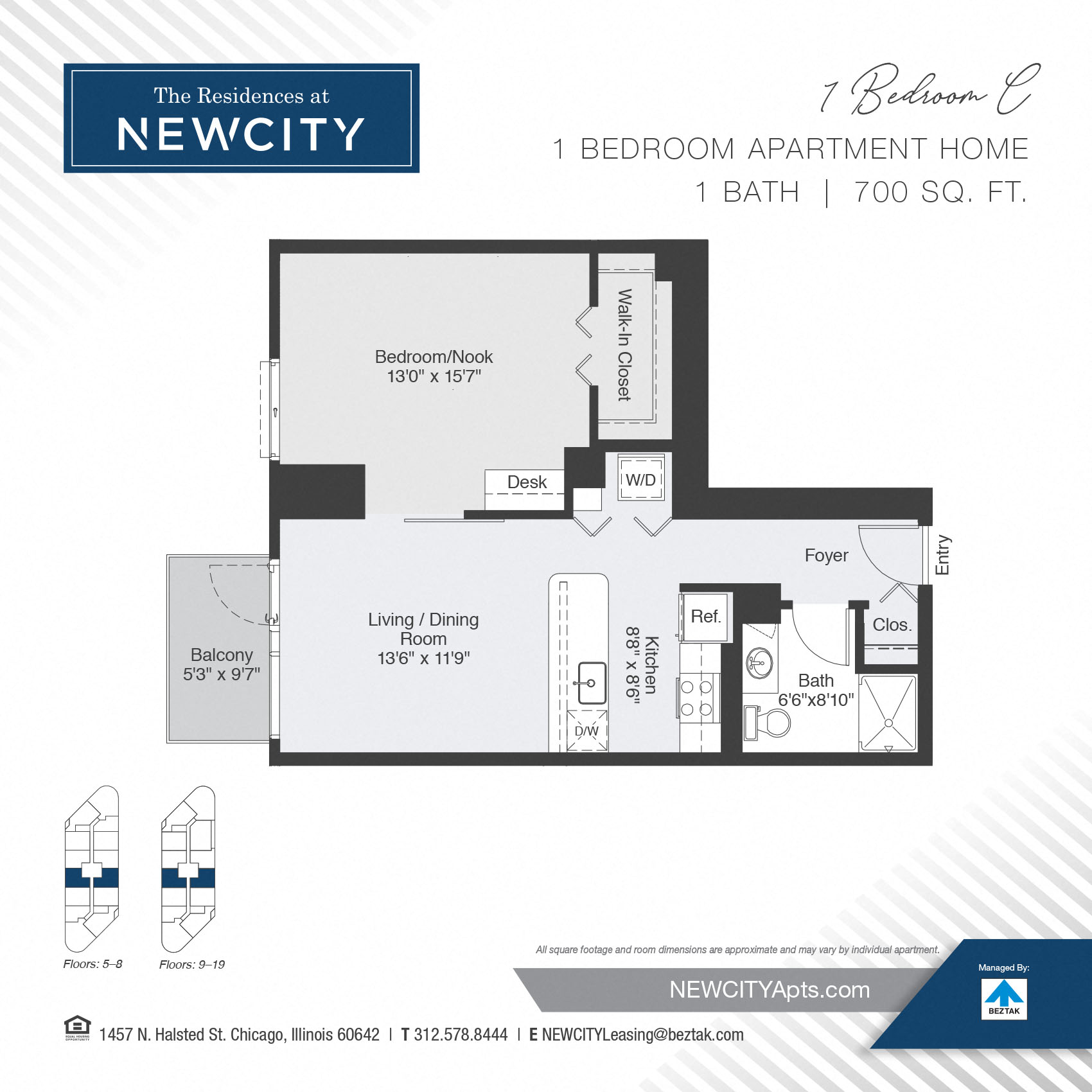 Floor plan for 1 bed, 1 bath, 700 sqft